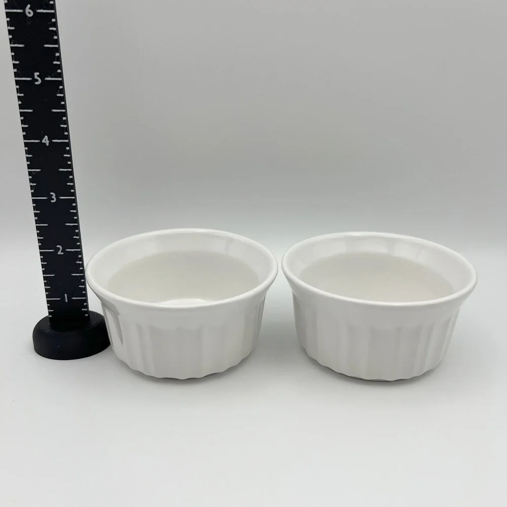 CorningWare French White Ramekins 4oz Stoneware Ribbed Souffle Dishes Set of 2